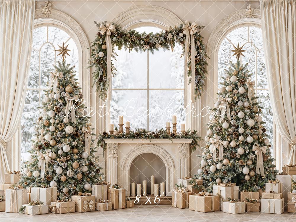 Kate Christmas Trees Fireplace Arched Windows White Curtains Printed Backdrop Designed by Emetselch