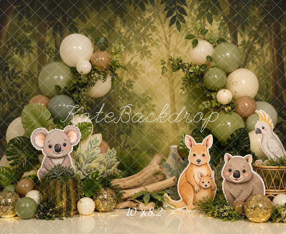 Kate Cake Smash Jungle Koala Kangaroo Wombat Balloon Garland Printed Backdrop Designed by Emetselch