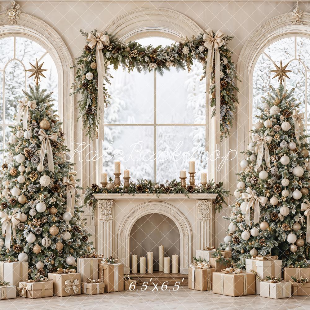 Kate Christmas Trees Fireplace Arched Windows White Curtains Printed Backdrop Designed by Emetselch