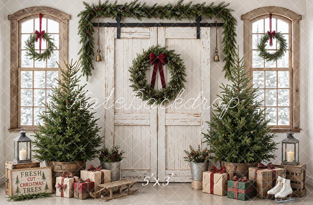 Kate Christmas White Barn Door Trees Wreath Sled Lantern Printed Backdrop Designed by Emetselch