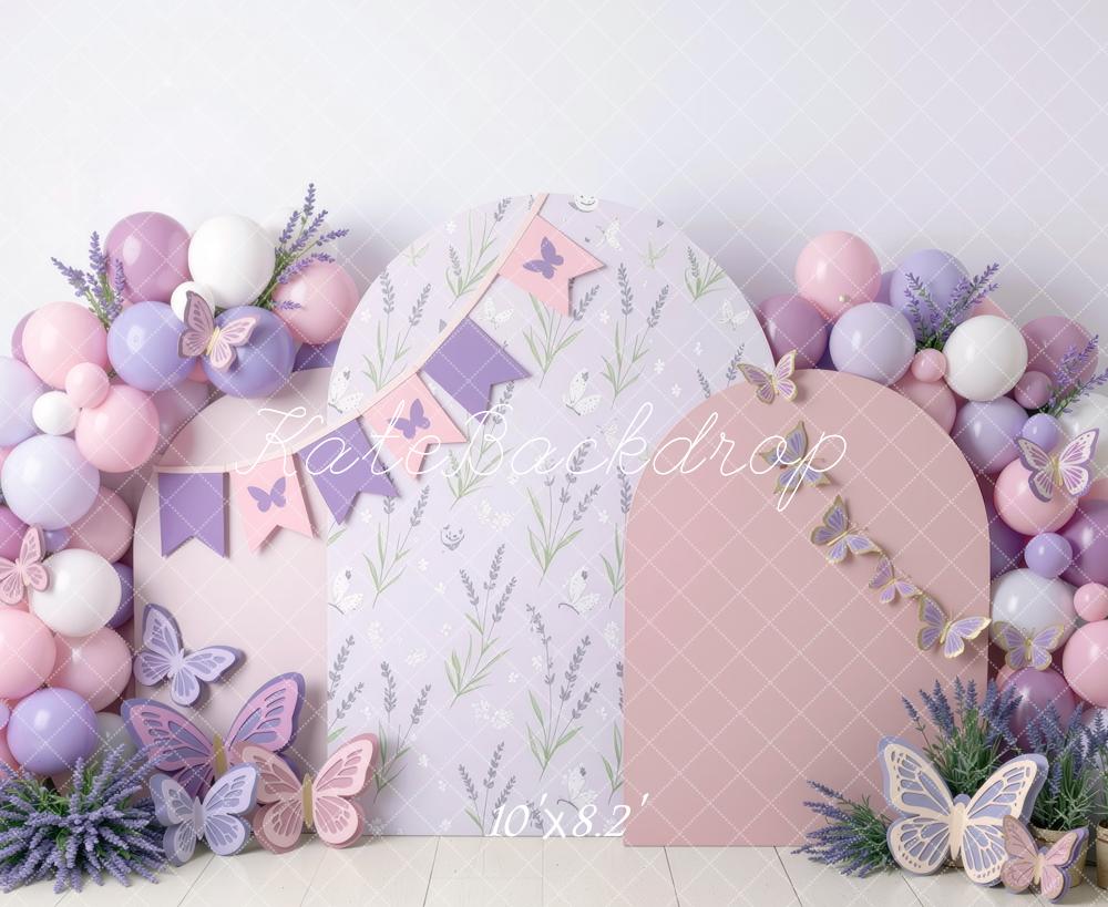 Kate Birthday Pastel Purple Balloon Arch Butterfly Lavender Panels Printed Backdrop Designed by Mini MakeBelieve