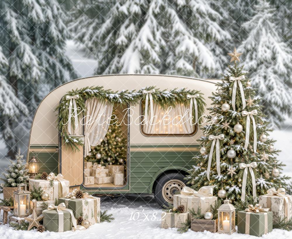 Kate Christmas Vintage Camper Tree Bows Snowy Forest Presents Printed Backdrop Designed by Emetselch