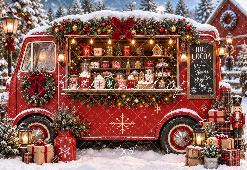 Kate Christmas Red Hot Cocoa Truck Snowy Gifts Nutcracker Printed Backdrop Designed by Emetselch