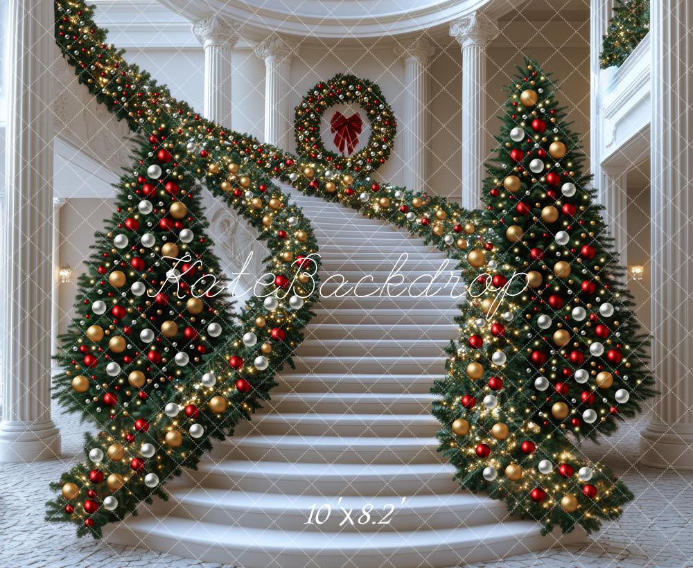 Kate Christmas Cascading Stairs Garland Trees White Backdrop Designed by Mini MakeBelieve