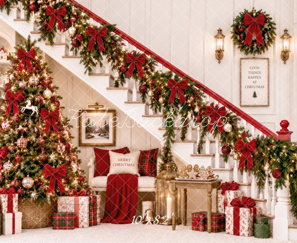 Kate Christmas Staircase Tree Garland Wreath Gifts Printed Backdrop Designed by Patty Roberts