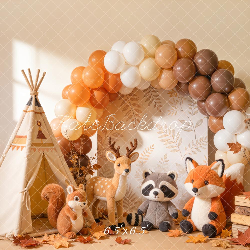 Kate Cake Smash Fall Woodland Balloon Arch Teepee Animals Printed Backdrop Designed by Emetselch
