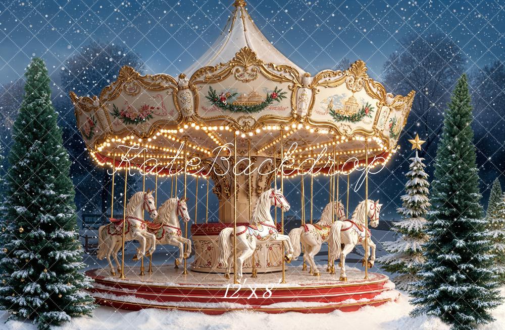 Kate Christmas Carousel Snowy Pine Trees Night Backdrop Designed by Emetselch