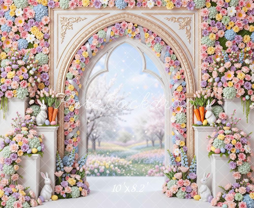 Kate Easter Bunny Flower Arch Pastel Garden Printed Backdrop Designed by Mini MakeBelieve
