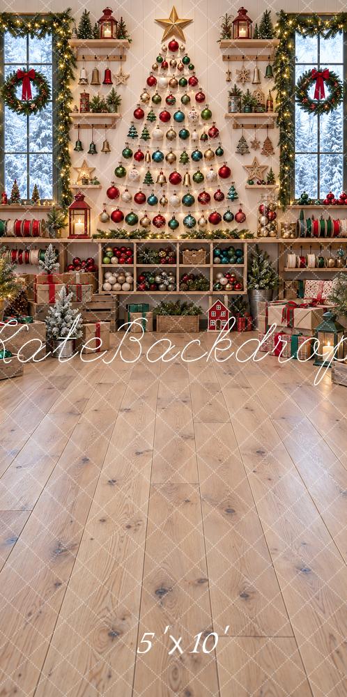 Kate Sweep Christmas Tree Garland Wreath Wood Floor Printed Backdrop Designed by Vertigo Productions