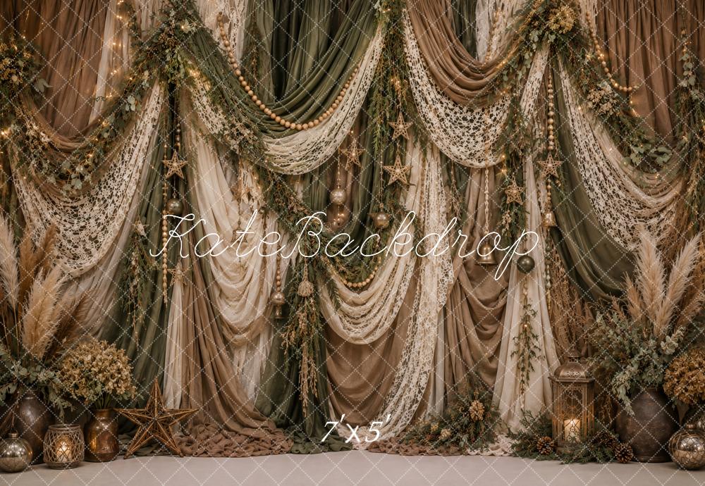 Kate Christmas Boho Lace Draped Greenery Printed Backdrop Printed Backdrop Designed by Ashley Paul