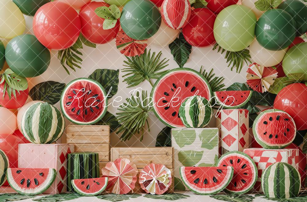 TEST Kate Summer Watermelon Balloons Leaves Wooden Crates Printed Backdrop Designed by Emetselch
