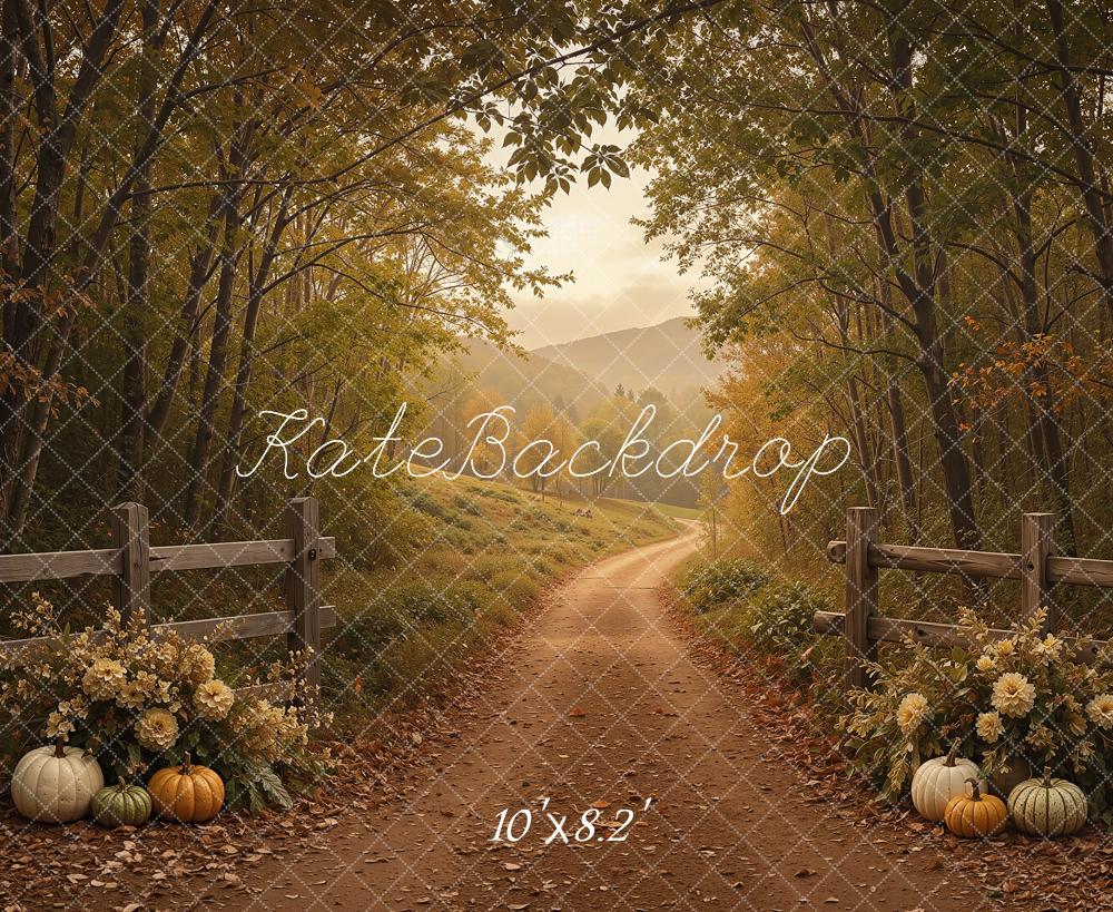 Kate Fall Forest Path Pumpkins Mountains Printed Backdrop Designed by Shutter Swan Studios