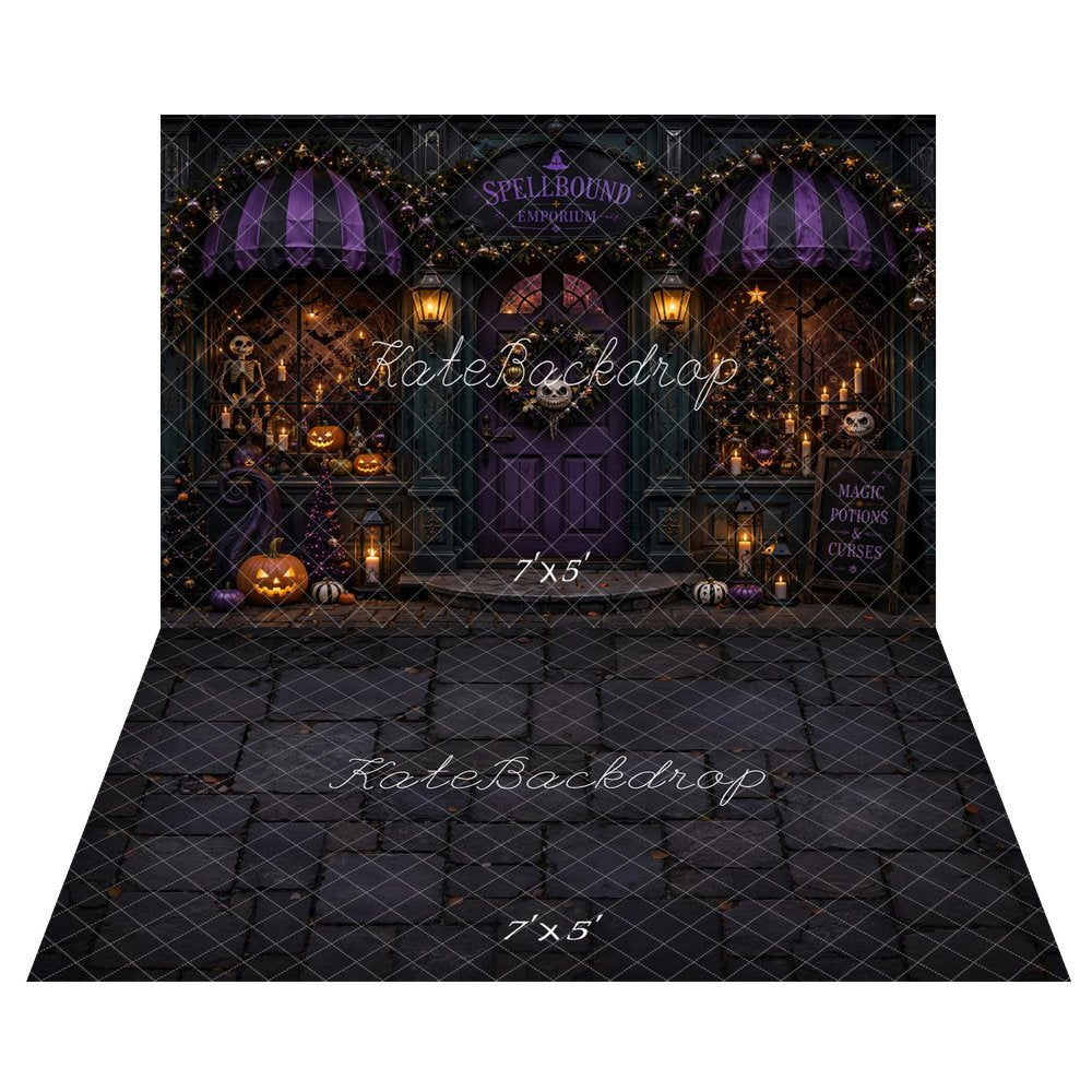 Kate Halloween Shop Doorway Purple Pumpkins Skeleton Candles Printed Backdrop+Black Cobblestone Floor Printed Backdrop