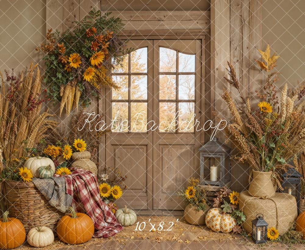 Kate Fall Rustic Door Pumpkin Sunflower Harvest Backdrop Designed by Emetselch
