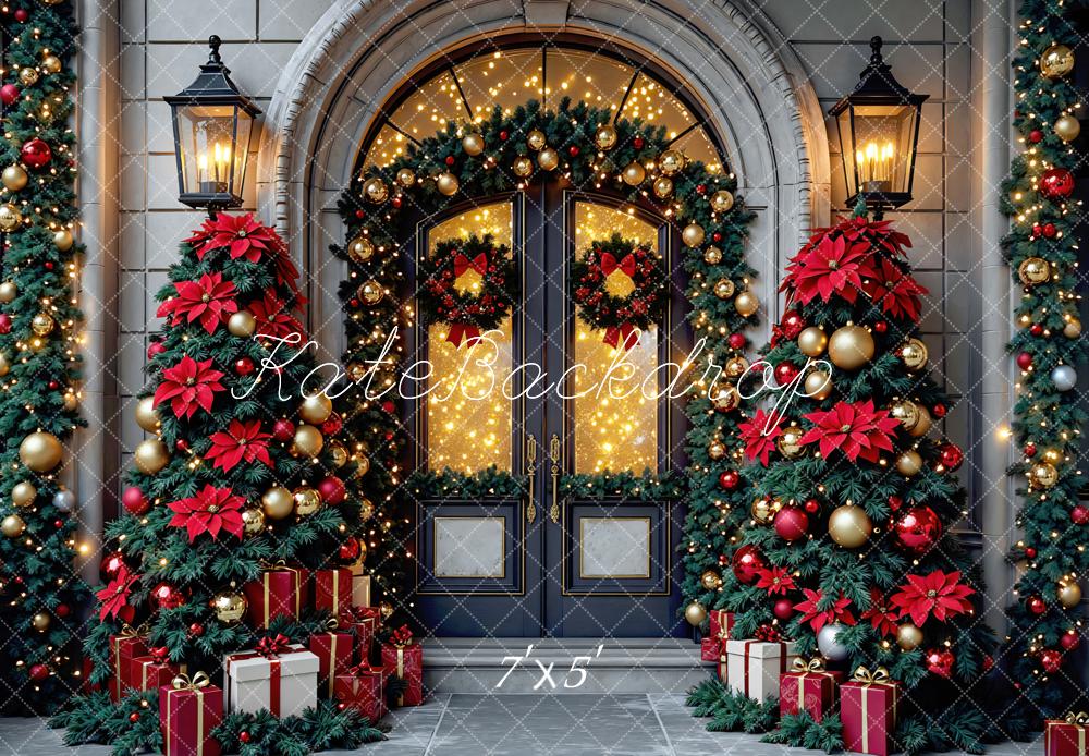 Kate Christmas Doorway Red Poinsettia Garland Tree Backdrop Designed by Mini MakeBelieve