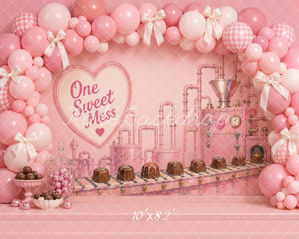 Kate Cake Smash Pink Candy Factory Balloon Arch Chocolates Printed Backdrop Designed by Ashley Ward