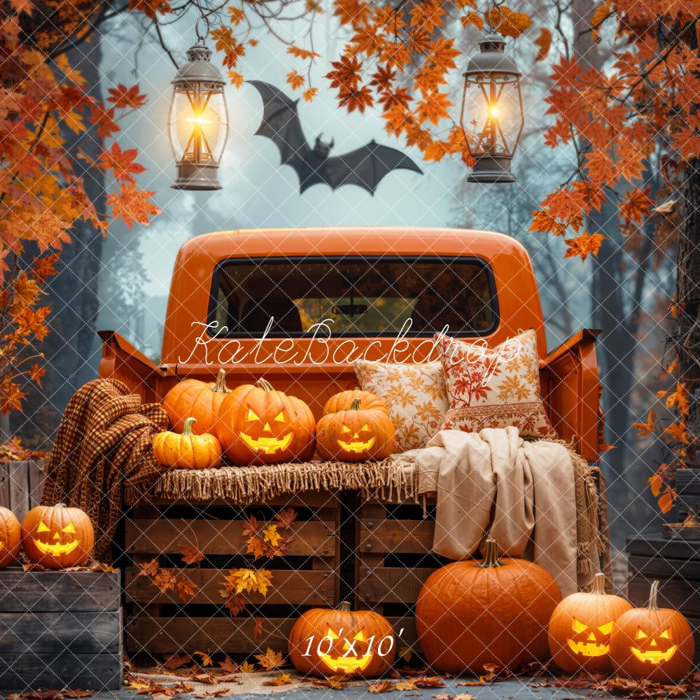 Kate Halloween Truck Pumpkins Maple Leaves Forest Bat Backdrop Designed by Emetselch