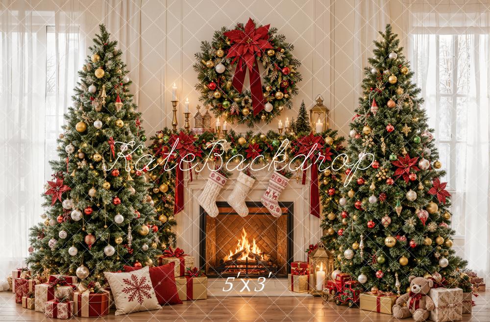 Kate Christmas Fireplace Ornaments Christmas Trees Wreath Printed Backdrop Designed by Emetselch