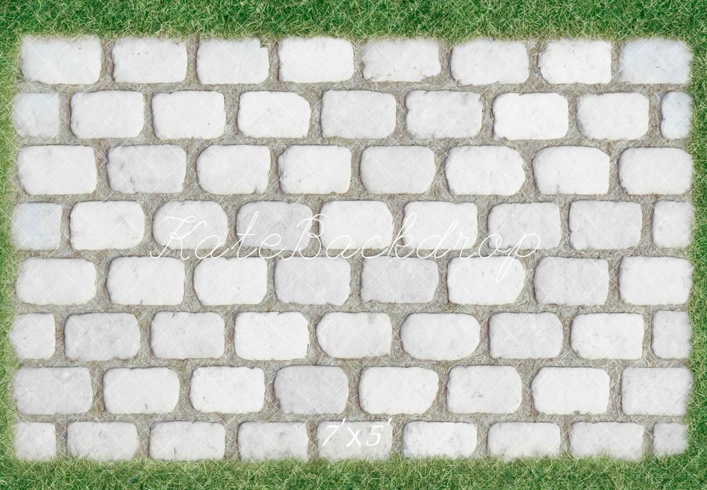 Kate White Cobblestone Floor with Grass Border Backdrop Designed by Mini MakeBelieve
