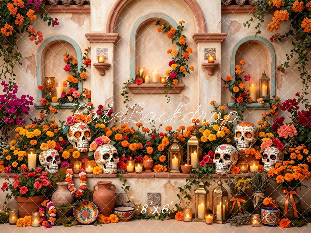 Kate Day Of The Dead Mexican Flowers Skull Altar Printed Backdrop Designed by Patty Roberts