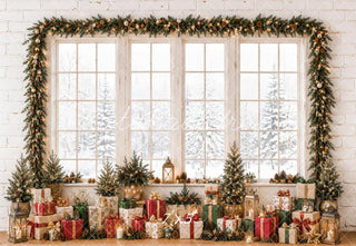 Kate Christmas Window Garland Gifts Snowy White Printed Backdrop Designed by Emetselch