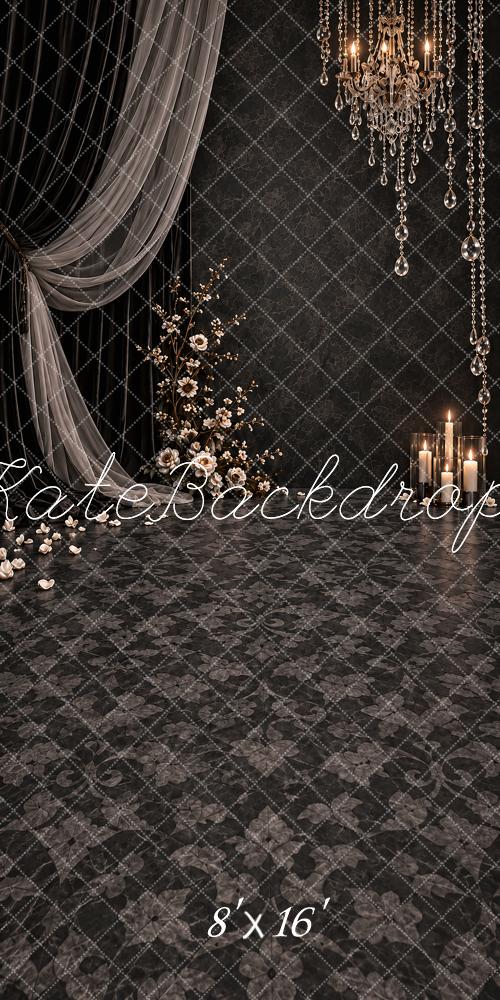 Kate Sweep Black Chandelier Crystal Wedding Drapery Printed Backdrop Designed by Vertigo Productions