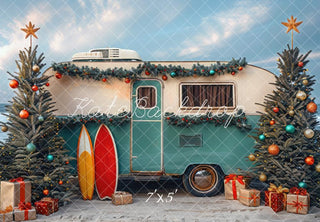 Kate Christmas RV Camper Beach Printed Backdrop Designed by Mini MakeBelieve