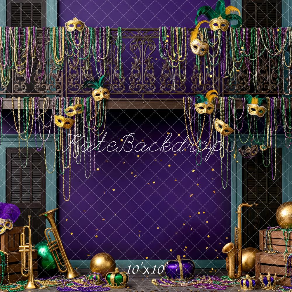 Kate Carnival Mardi Gras Balcony Beads Masks Instruments Purple Printed Backdrop Designed by Patty Roberts