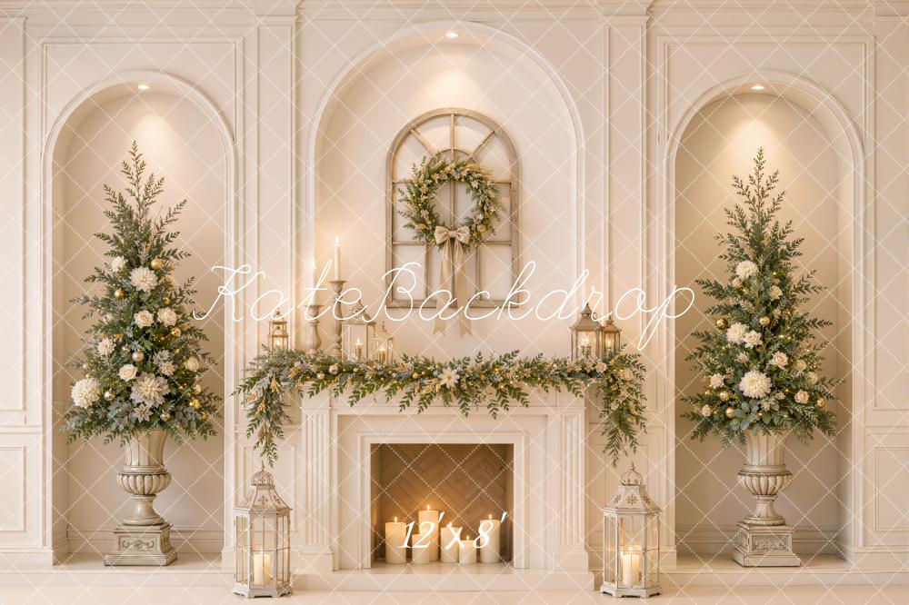 Kate Christmas Fireplace Elegant Trees Wreath Garland Printed Backdrop Designed by Emetselch