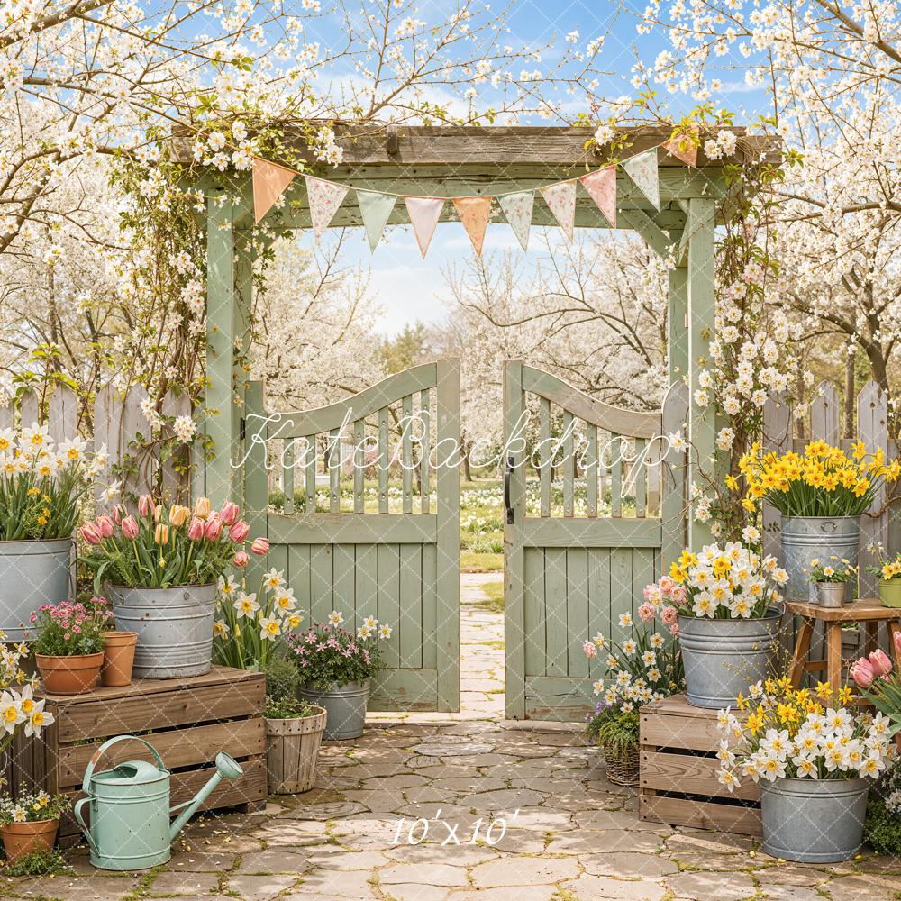 Kate Spring Garden Gate Flower Pots Cherry Blossoms Printed Backdrop Designed by Emetselch