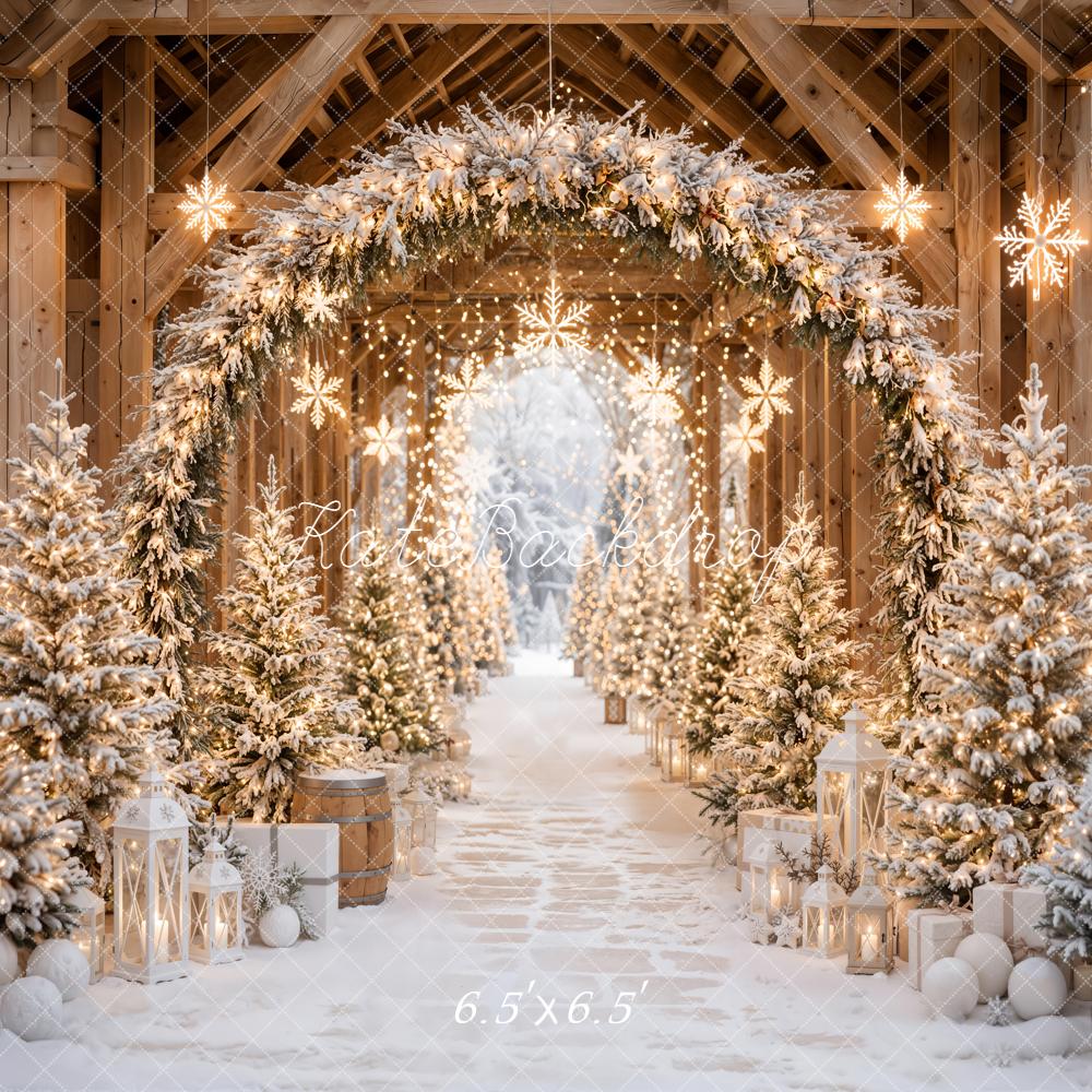 Kate Christmas Snowy Evergreen Lighted Archway Trees Printed Backdrop Designed by Emetselch