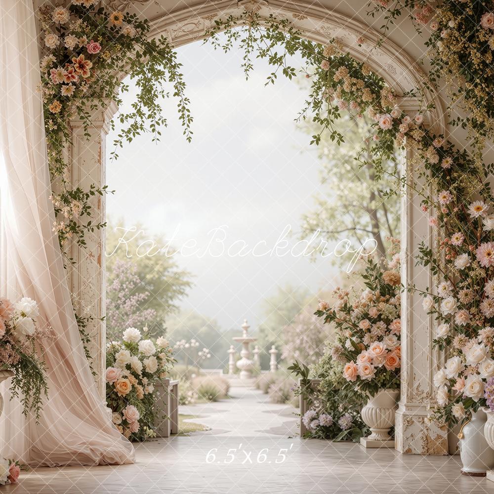 Kate Spring Flower Arch Palace Garden White Curtains Printed Backdrop Designed by Shutter Swan Studios