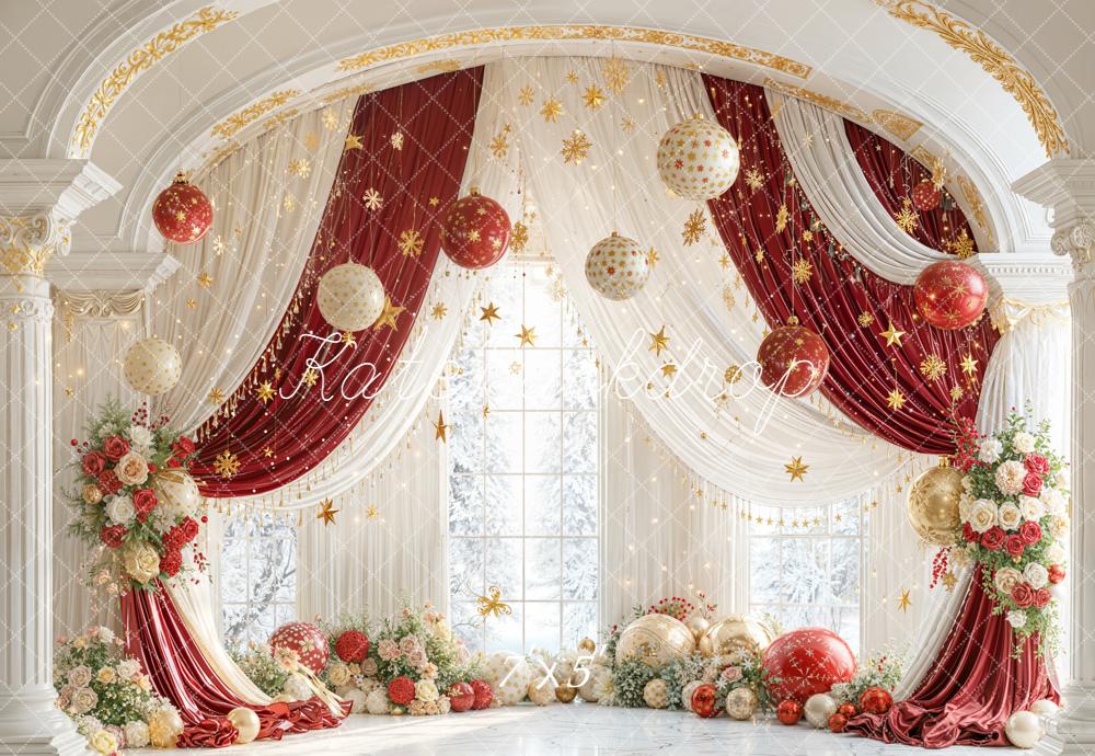 Kate Christmas Arch Red Gold Drapes Ornaments Flowers Backdrop Designed by Emetselch