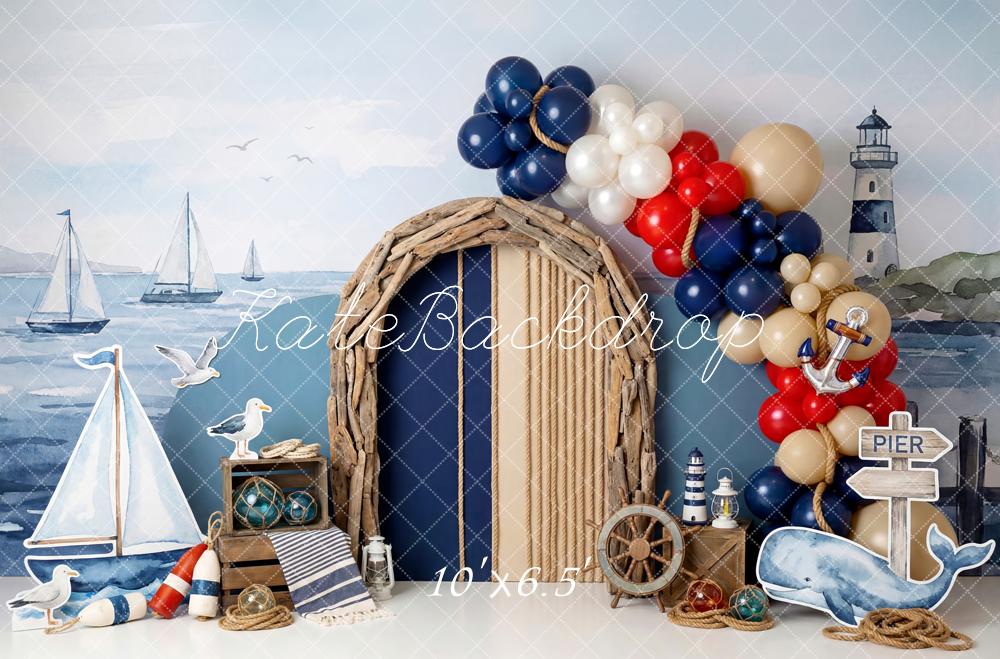 Kate Cake Smash Nautical Sailboats Lighthouse Driftwood Arch Balloons Printed Backdrop Designed by Patty Roberts