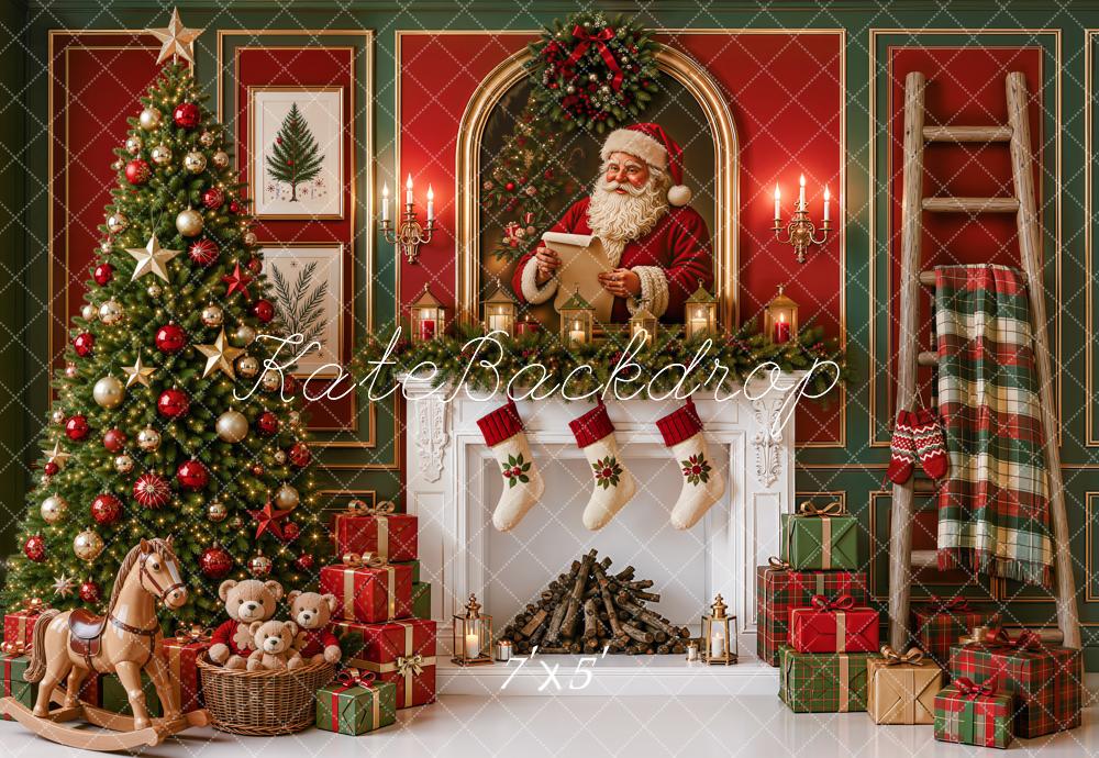 Kate Christmas Tree Santa Fireplace Rocking Horse Red Wall Printed Backdrop Designed by Emetselch