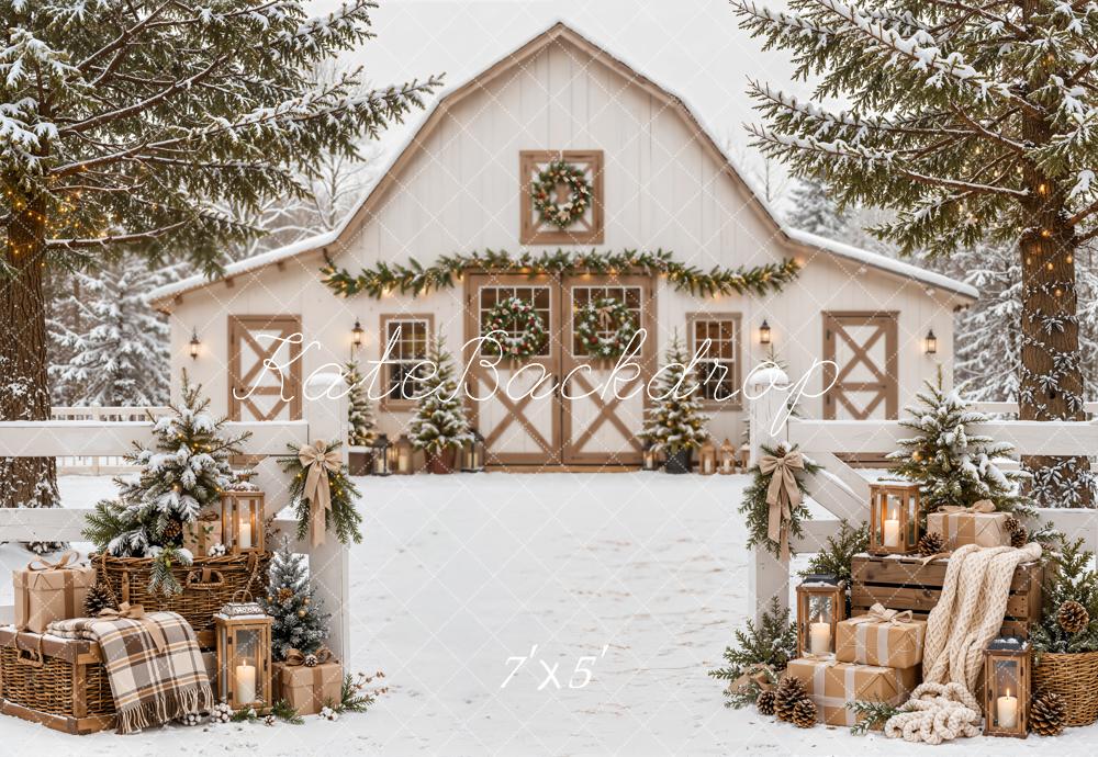 Kate Christmas Snowy White Barn Farmhouse Evergreen Gifts Plaid Printed Backdrop Designed by Emetselch
