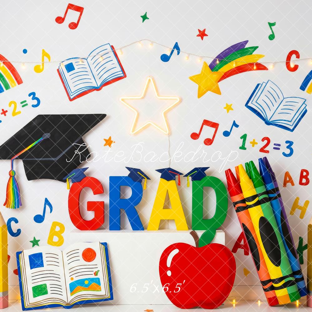 Kate Graduation Rainbow Books Crayons Music Notes Printed Backdrop Designed by Patty Roberts