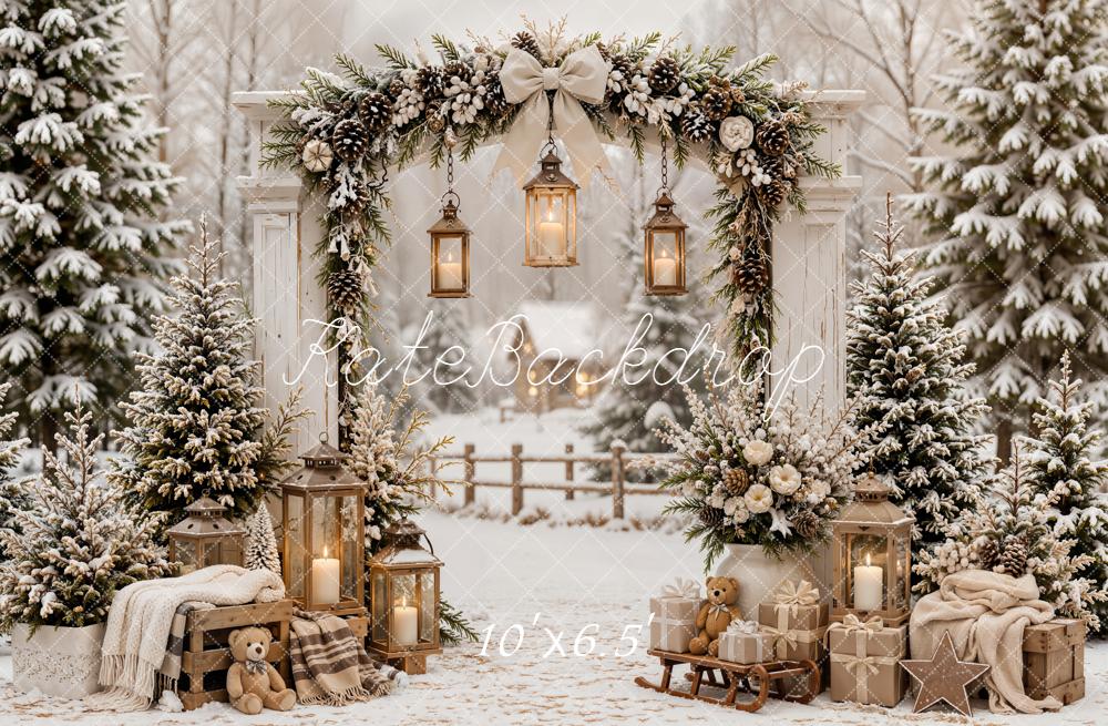 Kate Christmas Snowy Forest Arch Lanterns Gifts Sled Plaid Printed Backdrop Designed by Emetselch