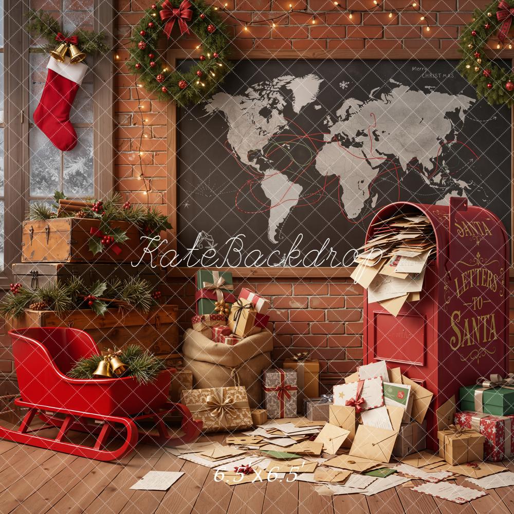 Kate Christmas Santa's Workshop Letters Sleigh Gifts Red Brick Wall Backdrop Designed by Emetselch