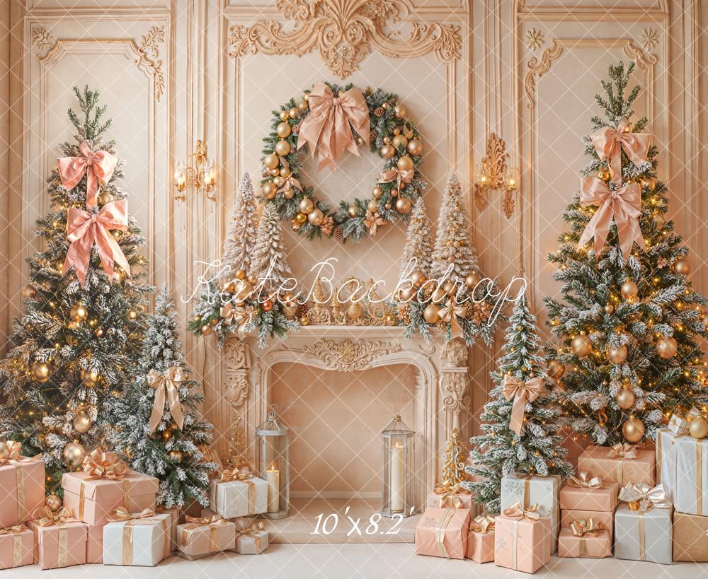 Kate Christmas Fireplace Gorgeous Pink Gold Trees Wreath Gifts Backdrop Designed by Emetselch