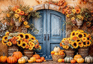 Kate Boho Sunflower Pumpkin Blue Wooden Arch Door Beige Wall Printed Backdrop Designed by Emetselch