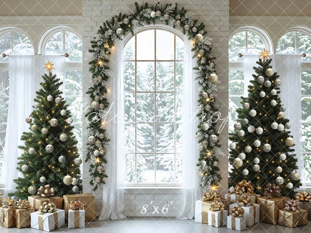 Kate Christmas Tree Arch Garland White Window Gifts Snowy Backdrop Designed by Mini MakeBelieve