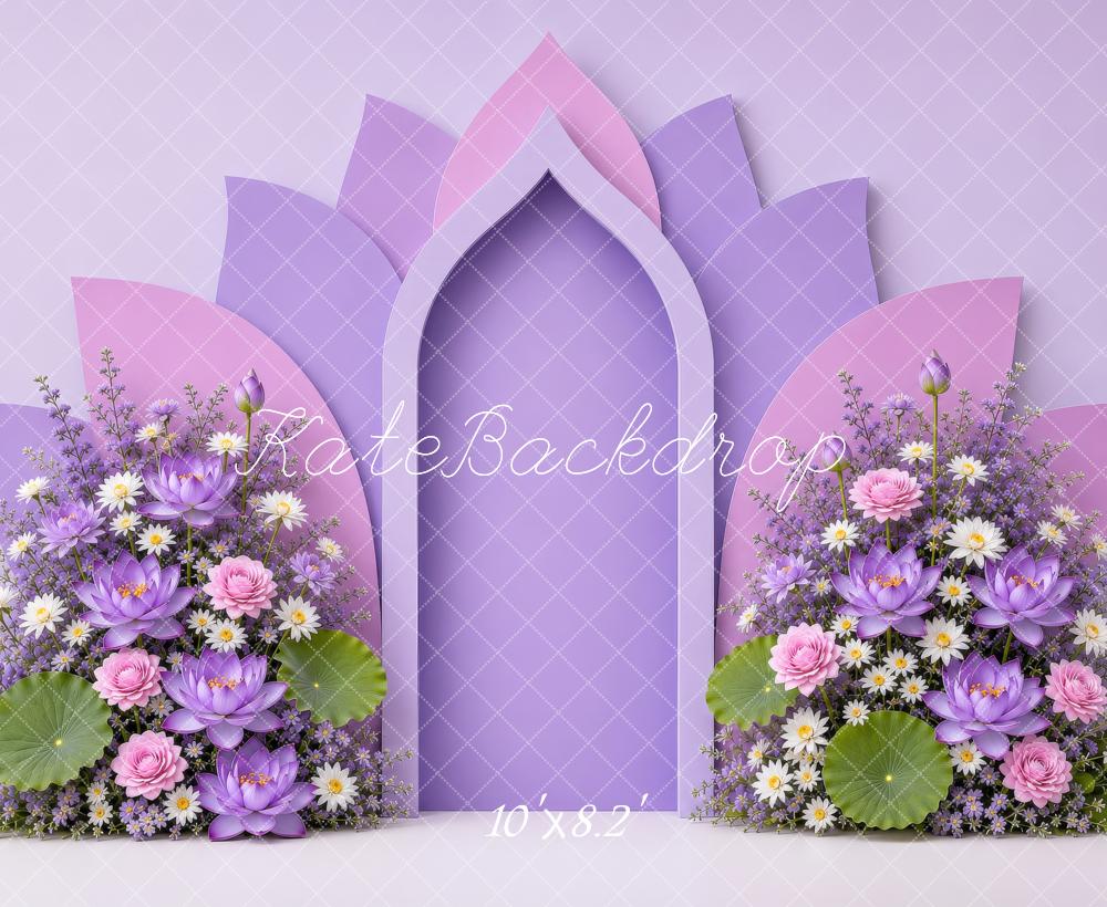 Kate Birthday Lotus Arch Purple Floral Printed Backdrop Designed by Shutter Swan Studios