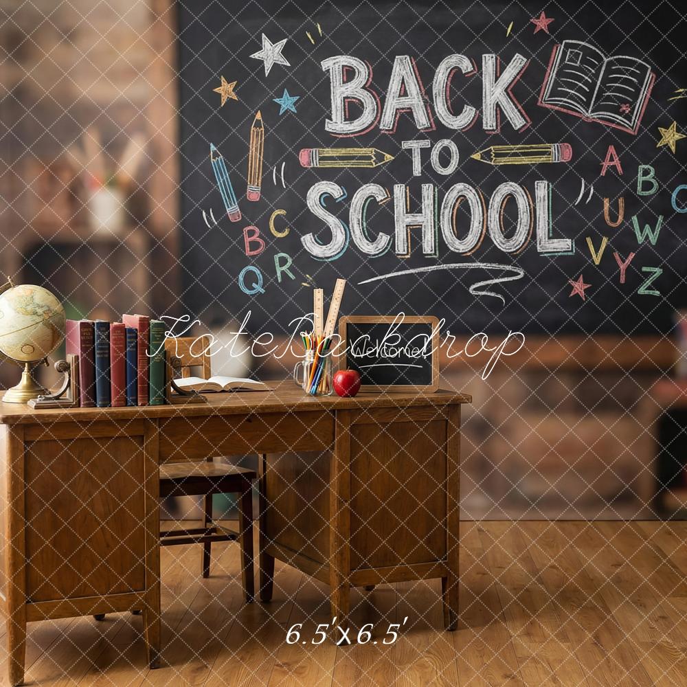 Kate Back to School Chalkboard Desk Globe Books Printed Backdrop Designed by Happy Squirrel Design