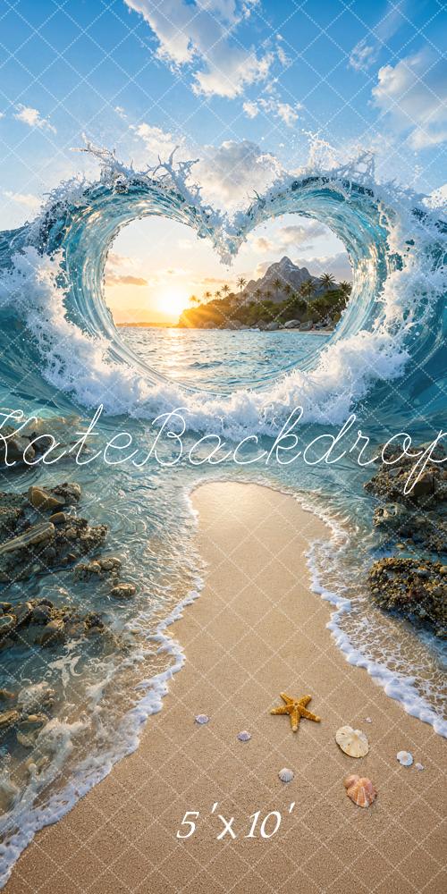 Kate Sweep Summer Beach Blue Ocean Wave Heart Wave Sunset Printed Backdrop Designed by Ashley Ward