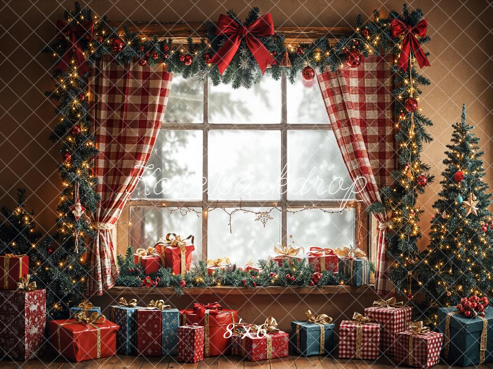 Cortinas de fondo del árbol de ventana de regalo de Navidad rojo a cuadros diseñadas por Emetselch