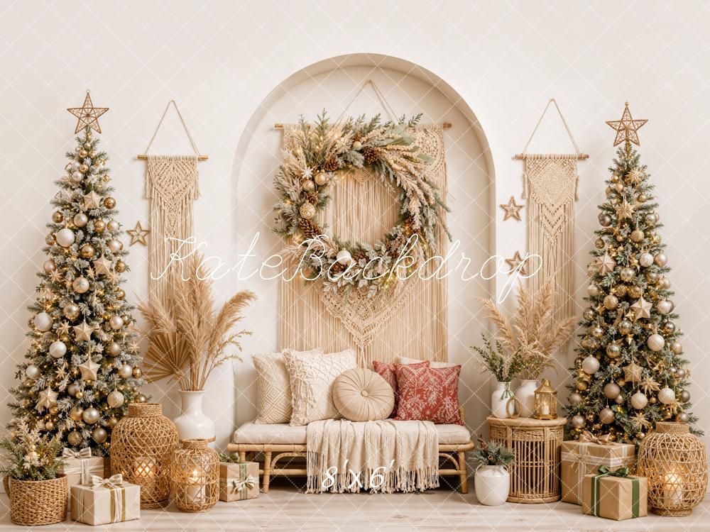 Kate Christmas Boho Macrame Wreath Christmas Trees Pillows Printed Backdrop Designed by Emetselch