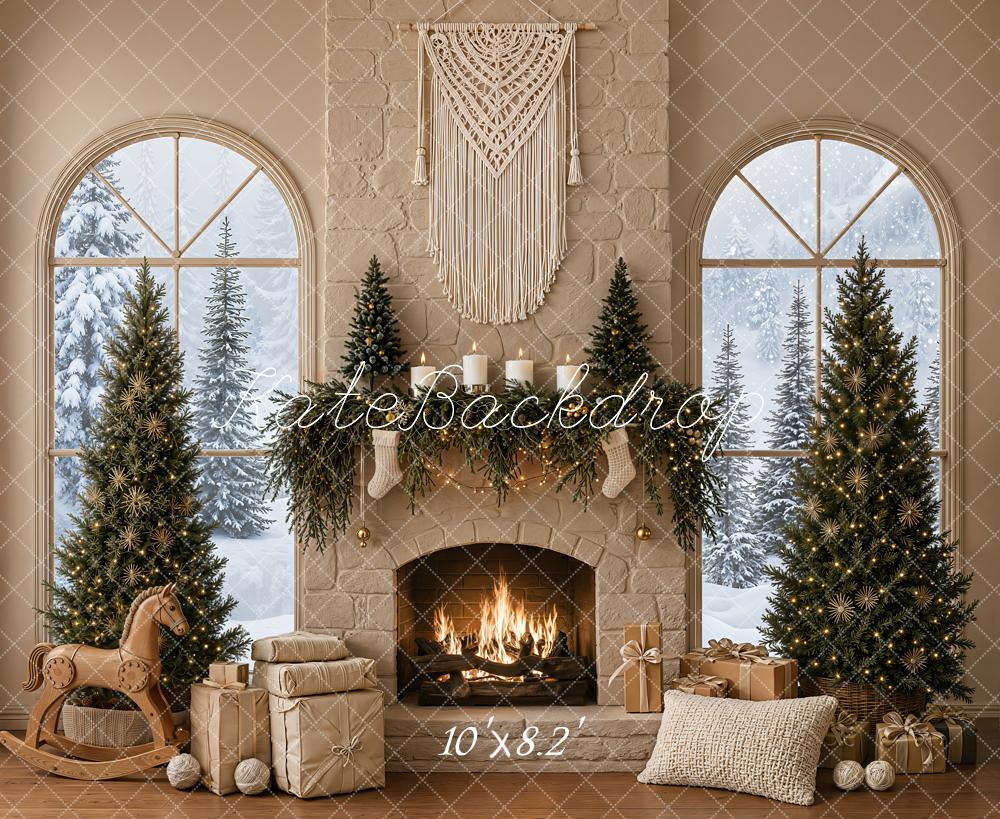 Kate Christmas Boho Fireplace Macrame Trees Gift Rocking Horse Printed Backdrop Designed by Emetselch