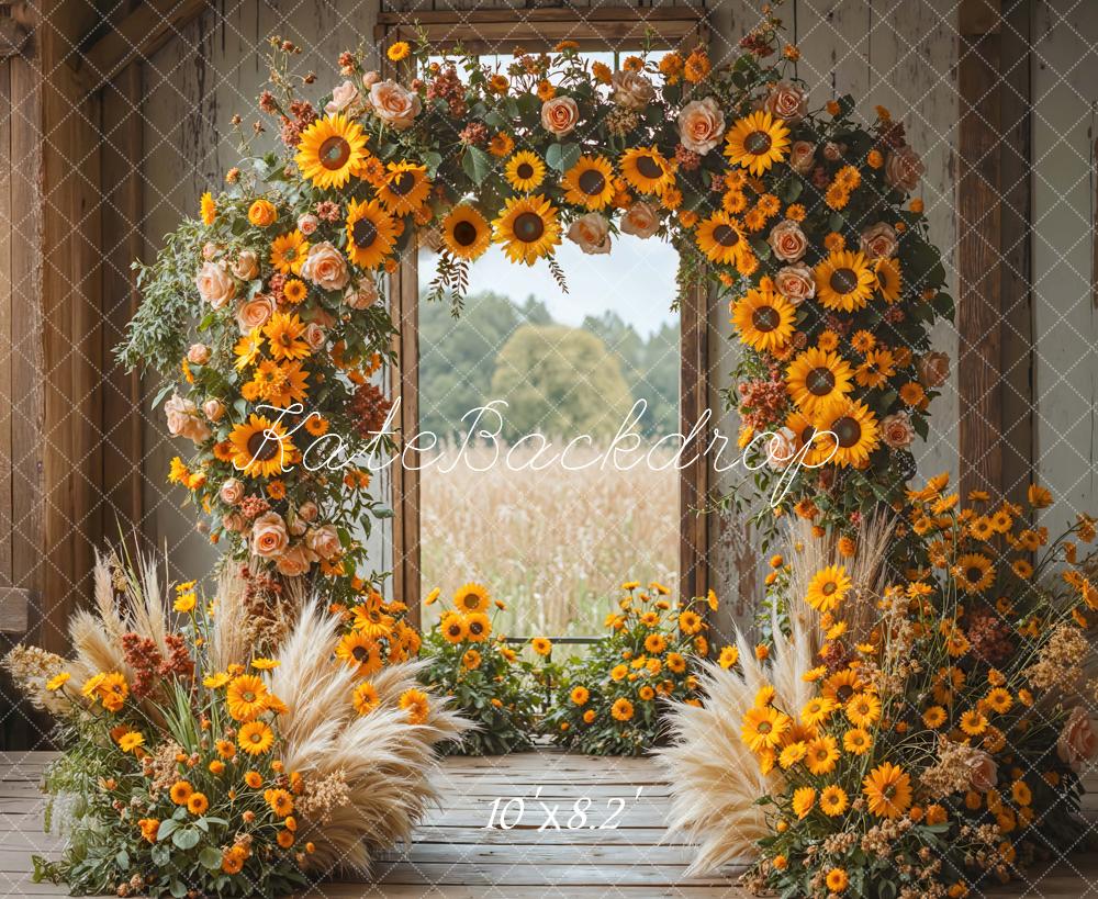 Kate Fall Indoor Sunflower Arch Pampas Grass Rustic Backdrop Designed by Mini MakeBelieve