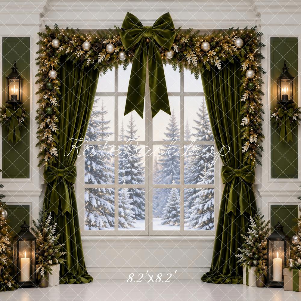 Kate Christmas Arched Window  Green Garland Snowy Forest Printed Backdrop Designed by Ashley Paul